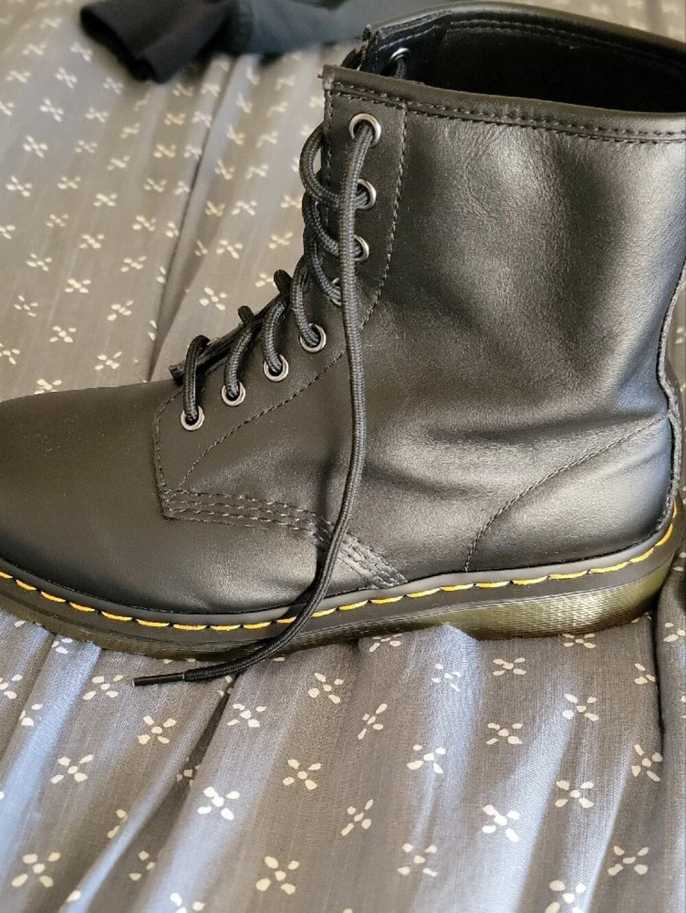 Dr. Martens Black Leather 8-Eye Lace-Up Boots with Yellow Stitching Trim
